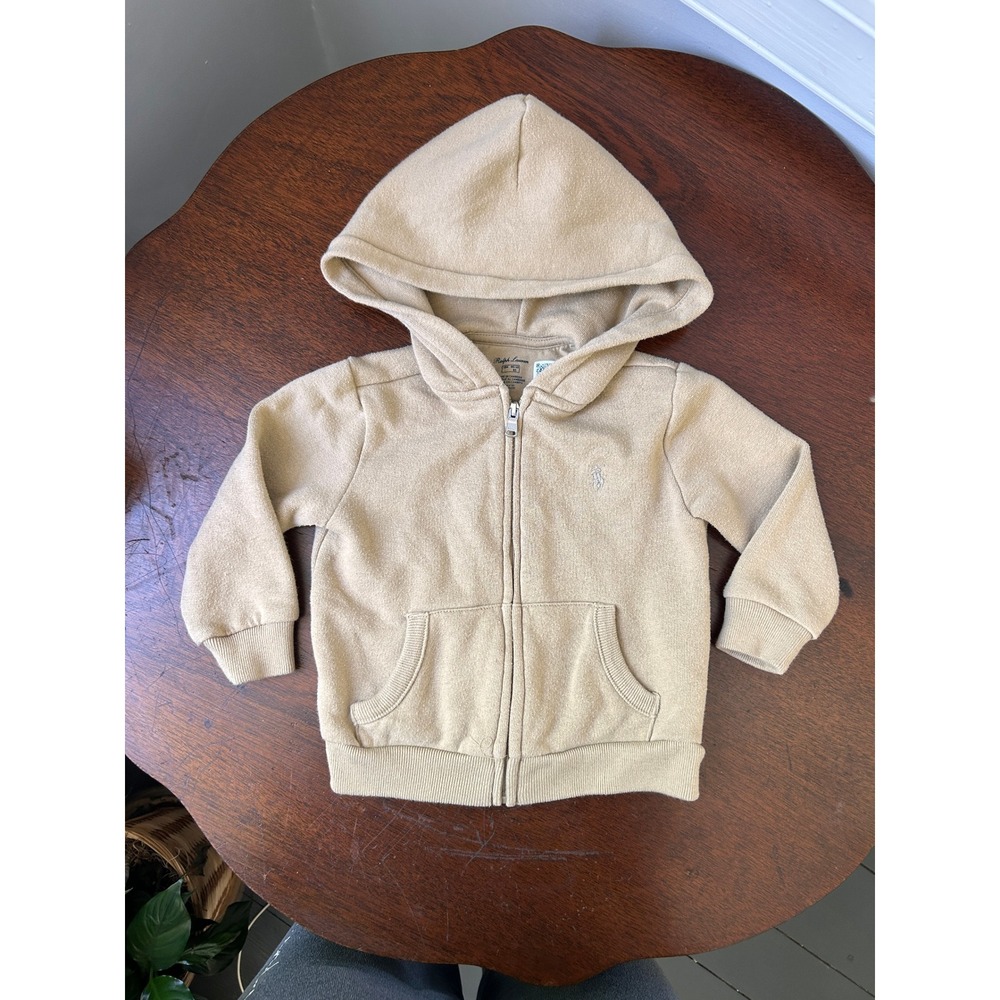 Ralph Lauren Toddler Boys Tan Beige Zip Up Hoodie Sweatshirt 18M Pony Logo